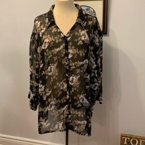 Kathie Lee Black Floral Button Front Blouse